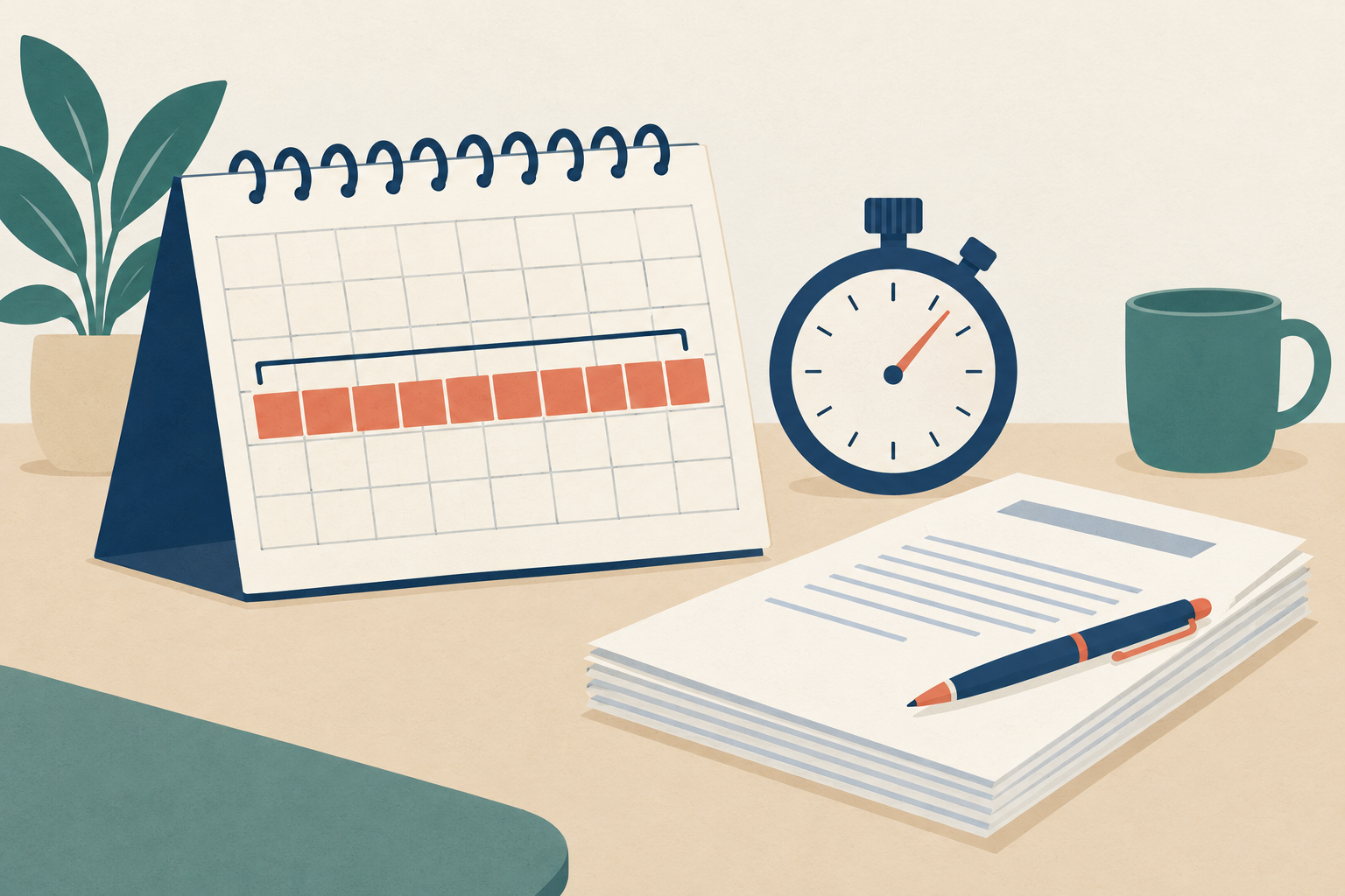 A calendar showing a ten-week span beside a stopwatch and a stack of unsigned loan documents on a desk in Utah desert tones