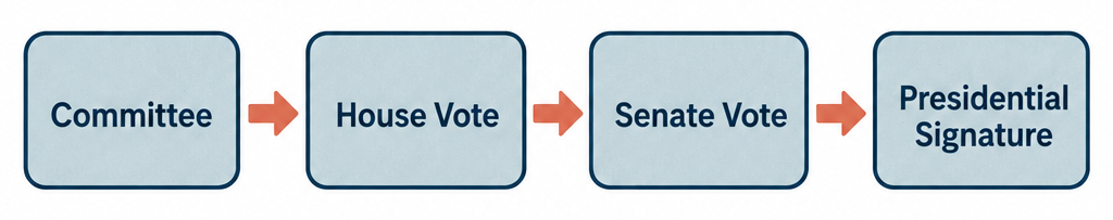 Flow diagram showing the legislative steps from committee approval through House vote, Senate vote, and presidential signature before a program takes effect