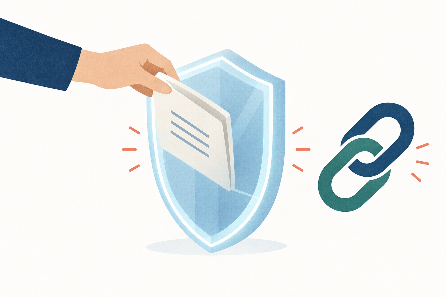 A hand placing a document into a transparent shield beside a simple blockchain link icon, representing voluntary disclosure protection for crypto tax reporting