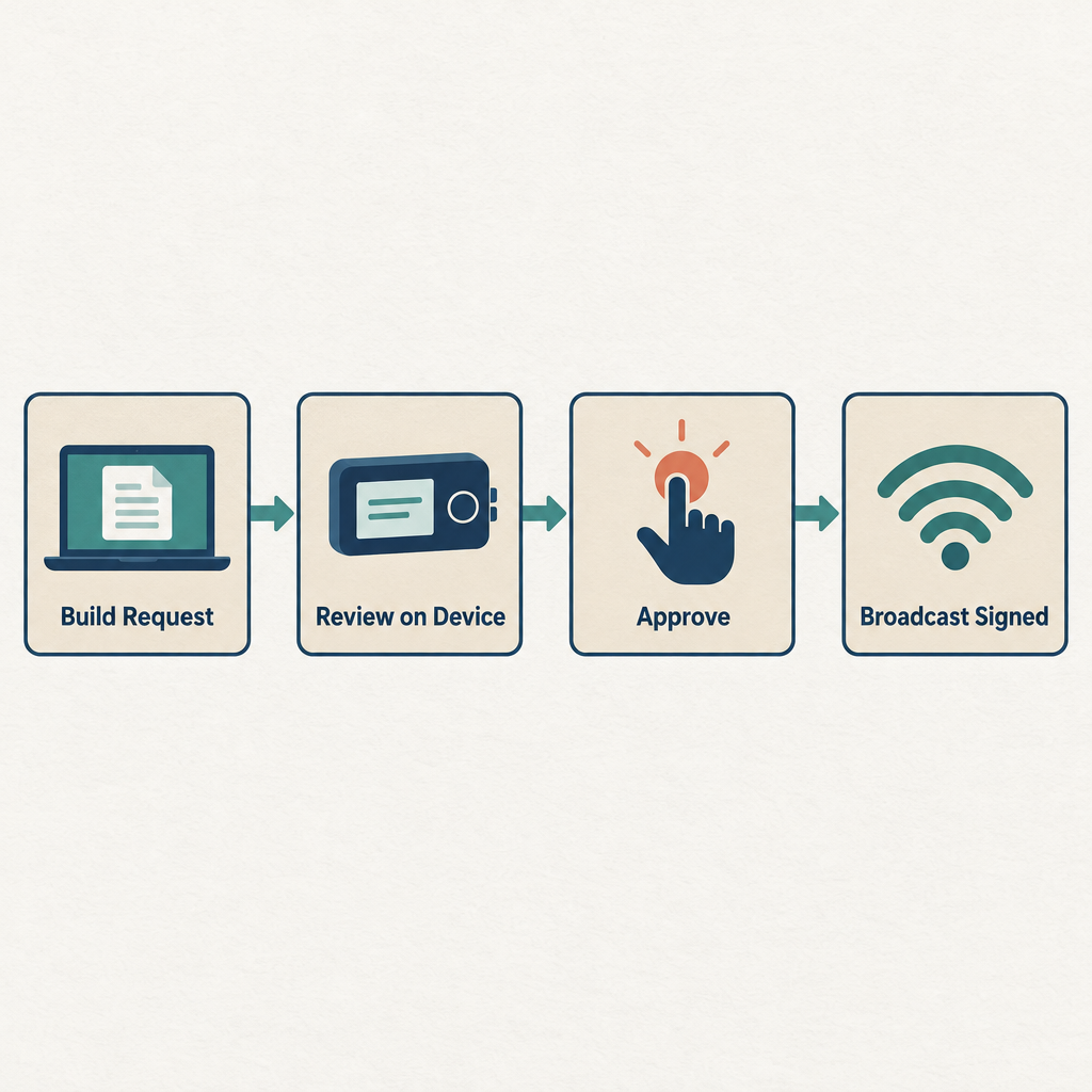 Flow diagram showing four steps of a cold wallet transaction: unsigned request travels to device, device screen shows details, user approves, signed transaction returns to network
