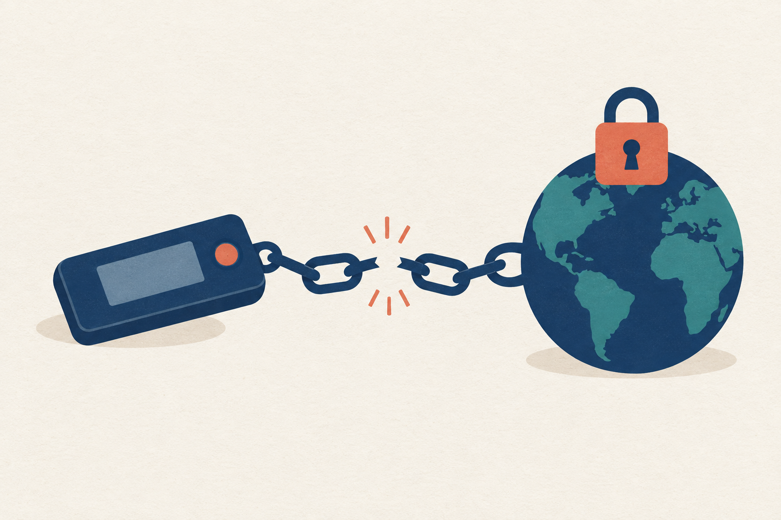 A hardware cold wallet device connected by a broken chain link to a padlocked globe representing offline crypto key storage
