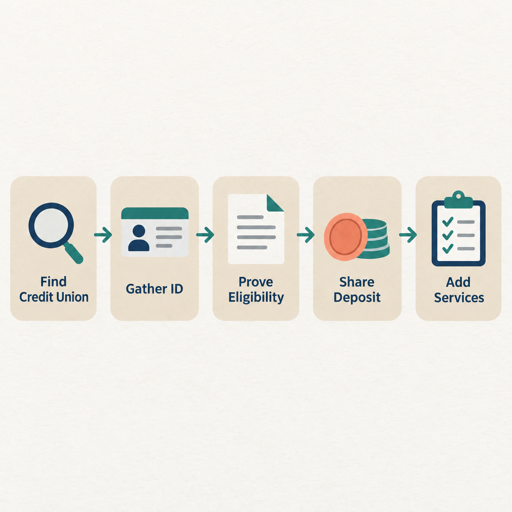 Five-step flow diagram showing the process to join a credit union: Find, Gather, Prove, Deposit, Add Services