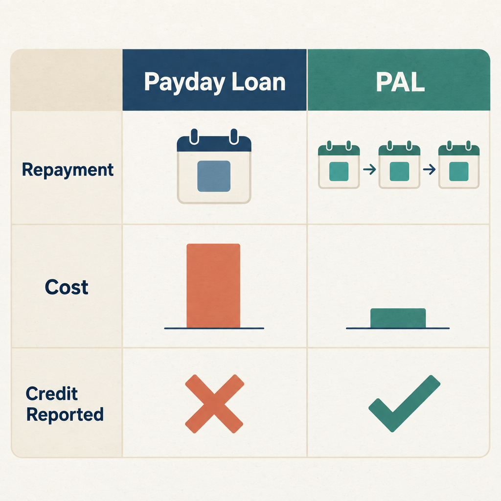 Two-column comparison diagram contrasting a payday loan and a credit union payday alternative loan across repayment structure, cost level, and credit reporting