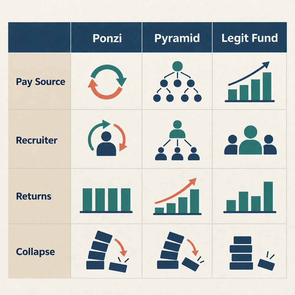 Three-column flow diagram comparing a Ponzi scheme, a pyramid scheme, and a legitimate fund across four labeled rows: source of pay, who recruits, investor return, and collapse trigger