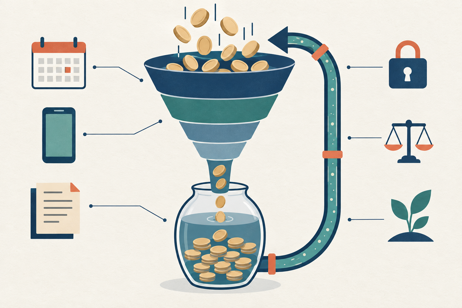A funnel diagram showing money flowing downward from new investors at the top into a central pool, with arrows redirecting upward to earlier investors, representing the circular Ponzi scheme structure