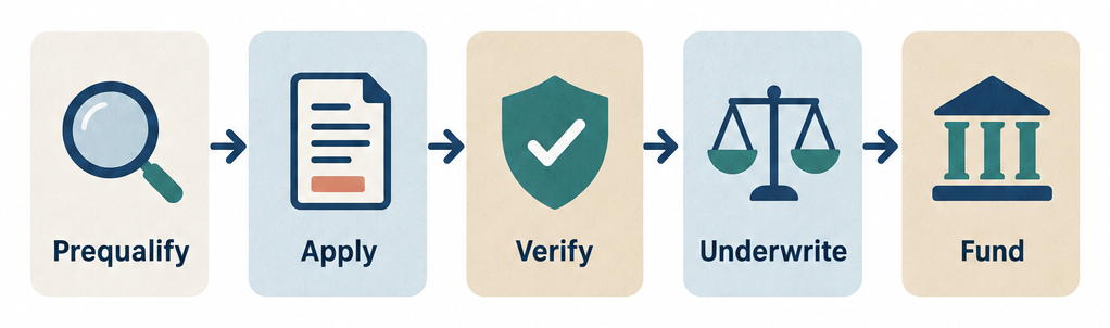 A five-step horizontal flow diagram showing the loan application process: Prequalify, Apply, Verify, Underwrite, Fund