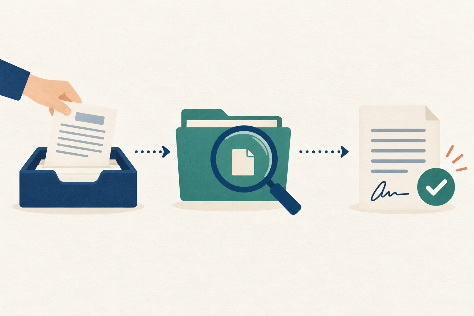 A clean editorial illustration showing a loan application journey: a hand submitting a document, a magnifying glass over a credit file, and a signed agreement with a checkmark, connected by a simple left-to-right path