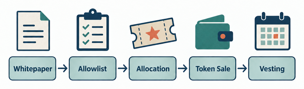 Five-step flow diagram showing the IDO launchpad process from whitepaper publish through token vesting