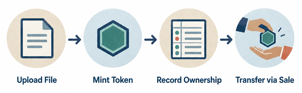 Flow diagram showing the four steps of NFT creation and transfer: Upload File, Mint Token, Record Ownership, Transfer via Sale