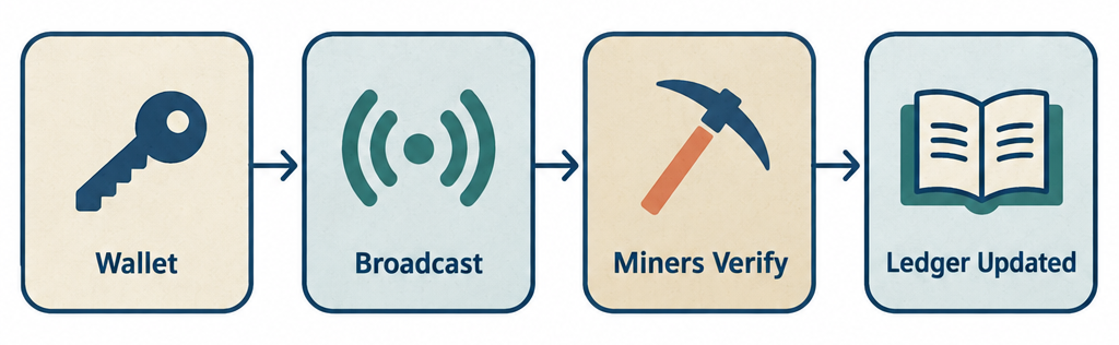 Flow diagram showing four steps of a bitcoin transaction: wallet, broadcast, miners verify, ledger updated