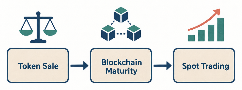Flow diagram showing how a digital asset moves from token sale under SEC oversight to blockchain maturity classification to CFTC-regulated spot trading