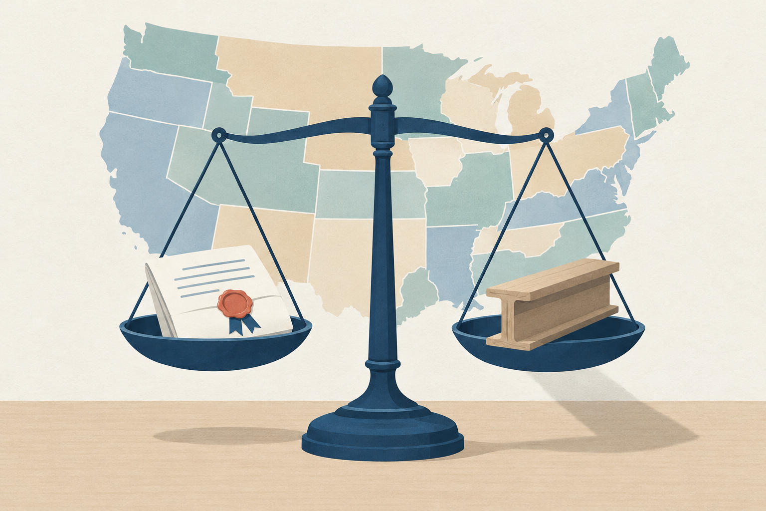 A scale balancing a ceiling beam labeled with a state map against a stack of loan documents, representing usury rate caps