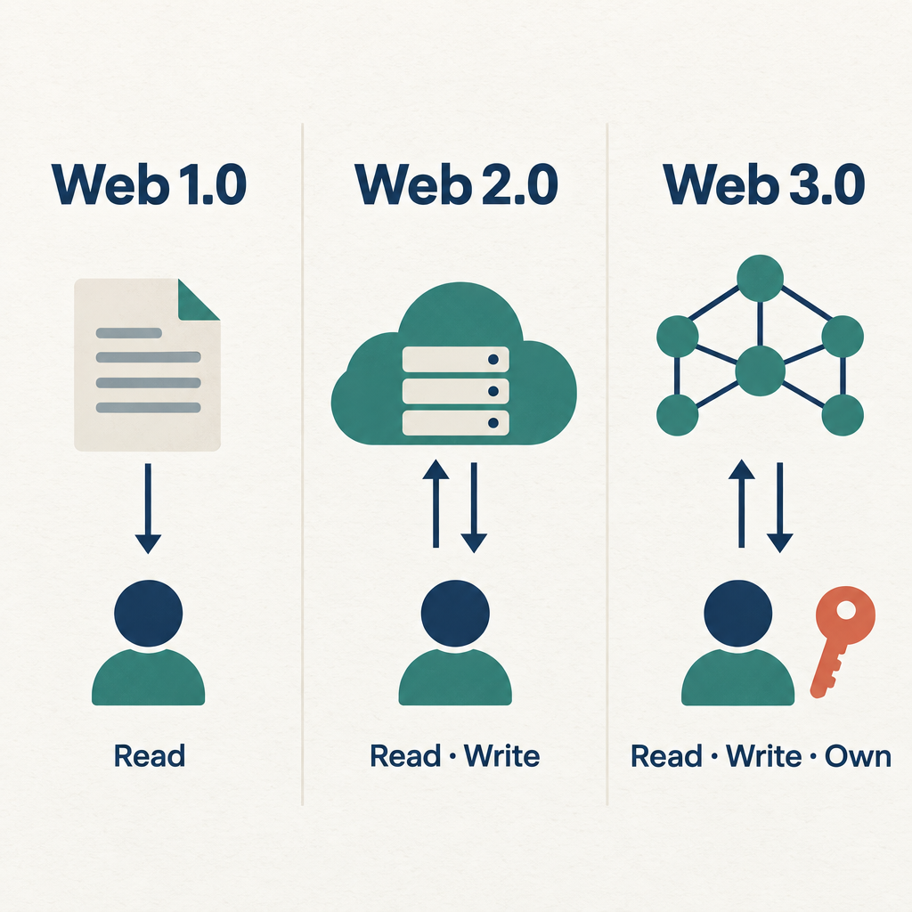 Flow diagram comparing Web 1.0 read-only, Web 2.0 read-write platform, and Web 3.0 read-write-own blockchain model
