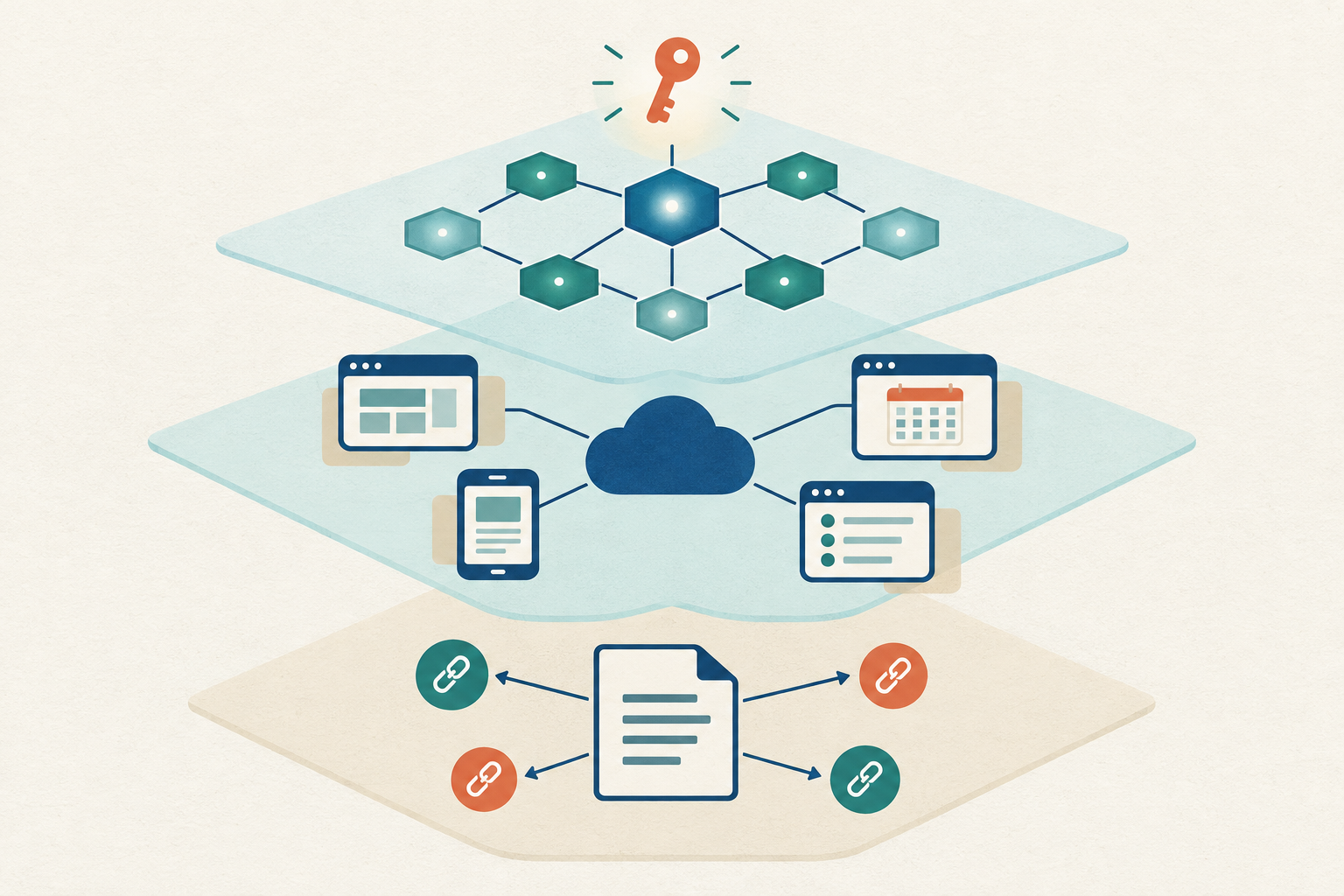 Three layered web eras shown as stacked transparent panels: a static page, a social platform, and a blockchain node network