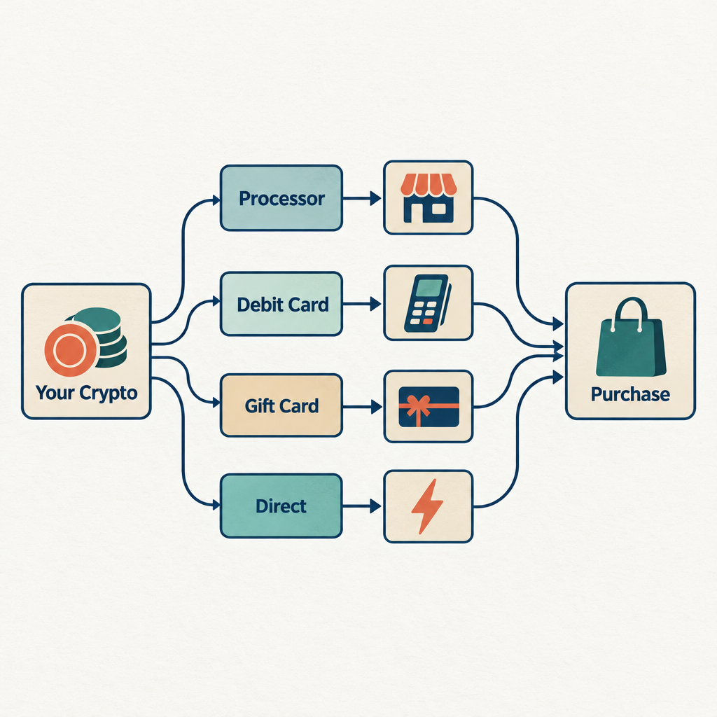 Flow diagram showing four routes for spending bitcoin: payment processor, crypto debit card, gift card, and direct merchant acceptance