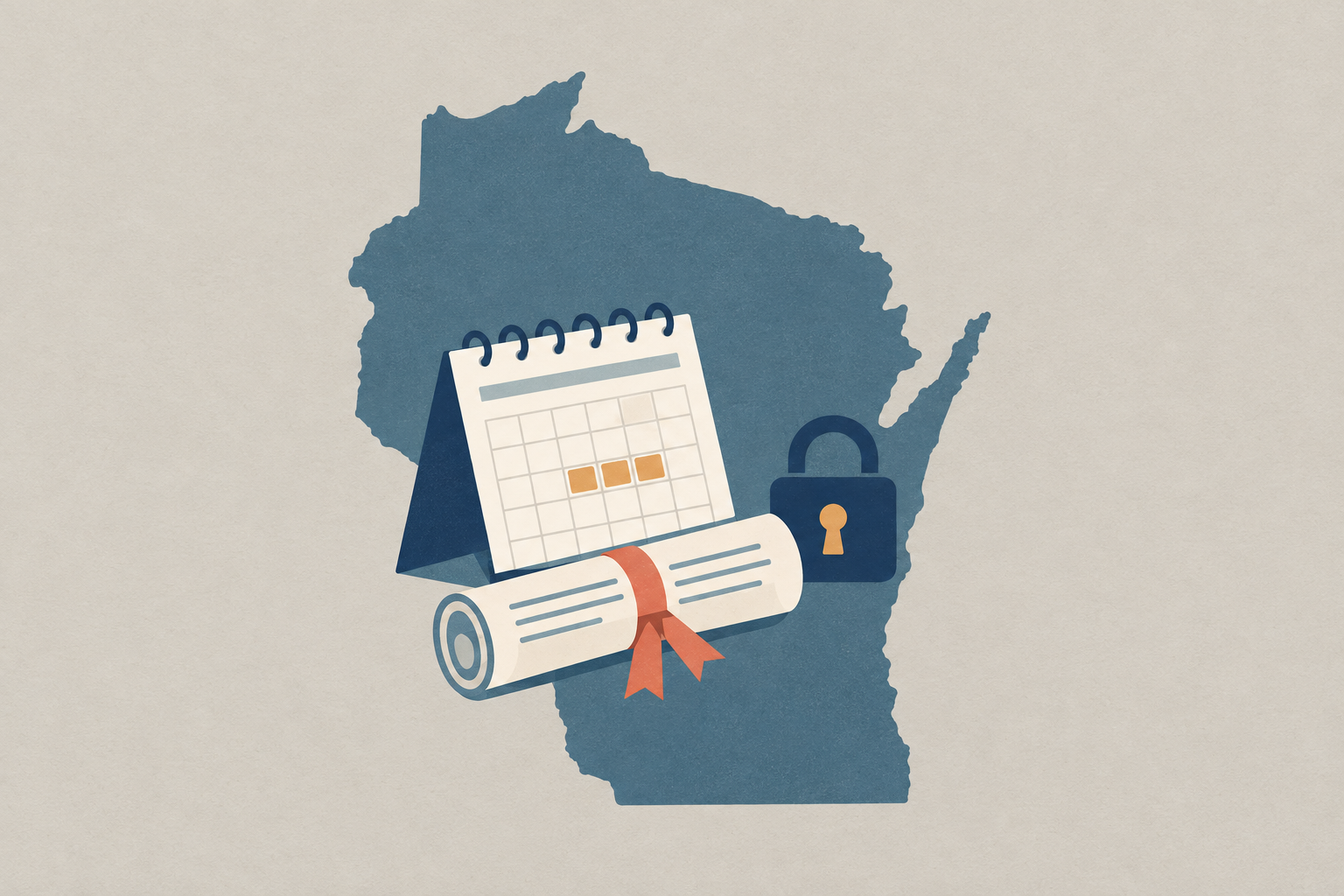 A Wisconsin state outline overlaid with a calendar showing a short loan term, a handshake above a document, and a small padlock symbol representing borrower protections